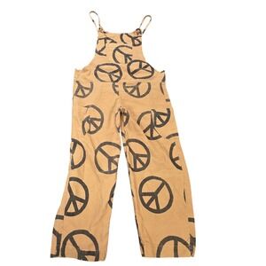 Earthbound Trading Co Peace Sign Overalls Womens Size S Tan Cotton Boho Wide Leg